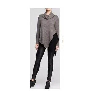 Eileen Fisher $248 Taupe Black Yak Merino Wool Poncho Turtleneck Sweater Sz S